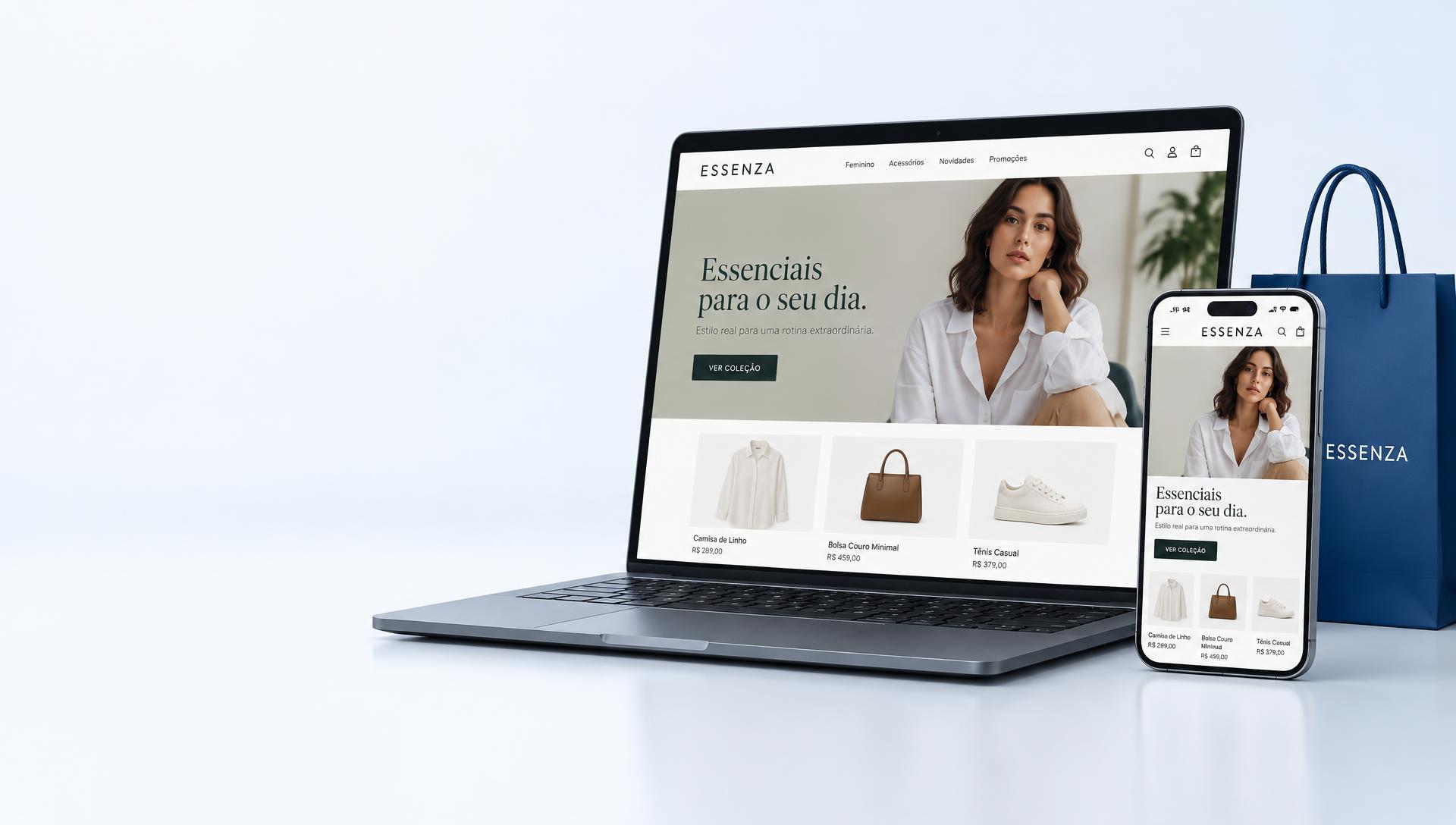 Conceito de loja personalizada em um notebook e smartphone, com vitrine de moda e produtos